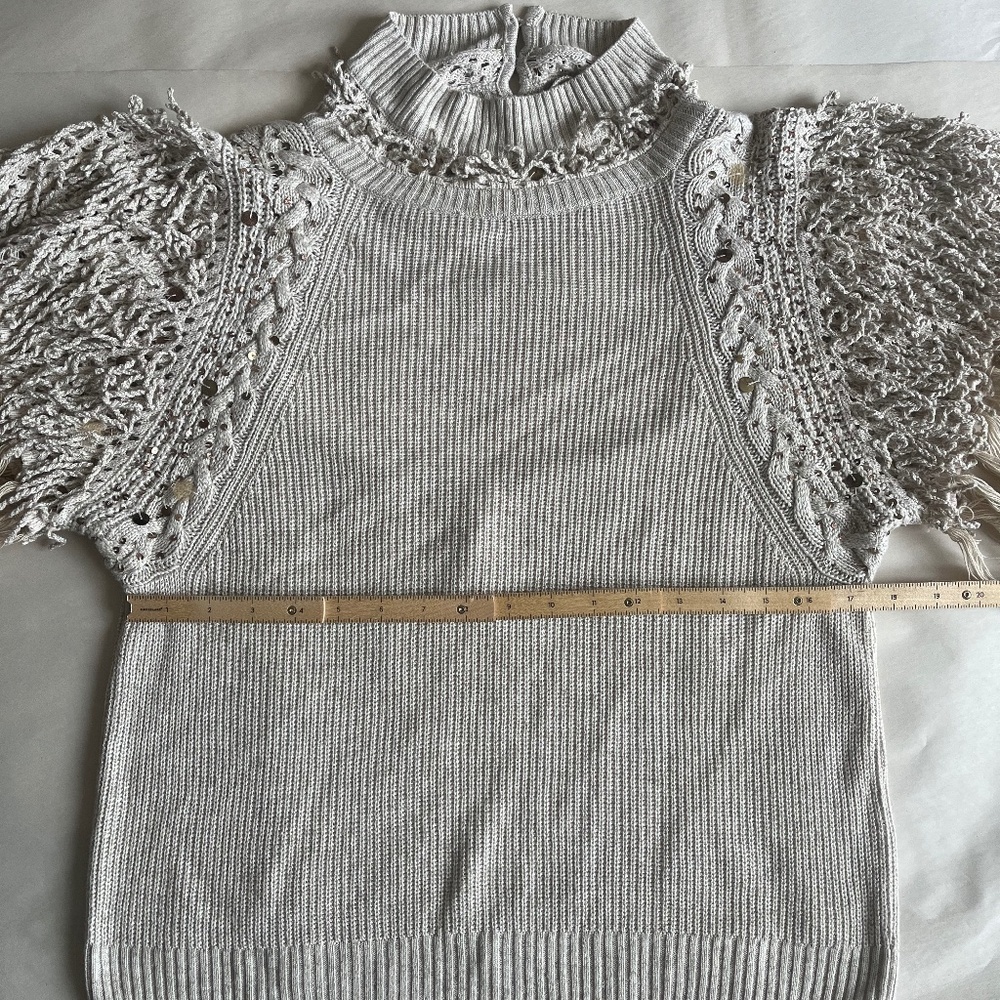 Anthropologie Aphrodite Fringe Embellished Embroidered Open Back Tee Top Sweater - Picture 7 of 11